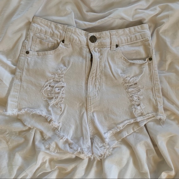 Ultra High Waisted White Distressed Denim Shorts - Picture 2 of 8